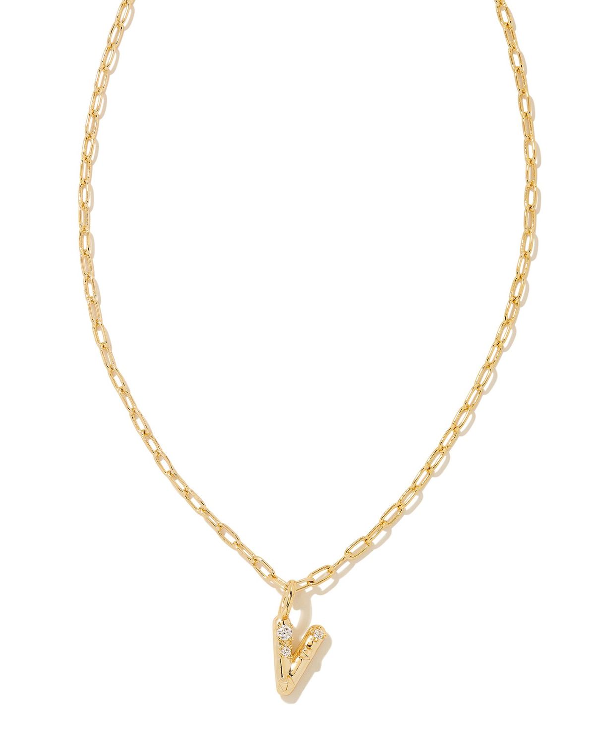 CRYSTAL LETTER V SHORT PENDANT NECKLACE, Color: GOLD WHITE CZ, Size: ONE SIZE