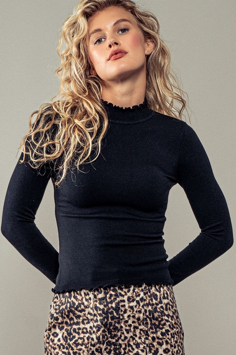 RIMMED EDGES LONG SLEEVE TOP, Color: BLACK, Size: SMALL