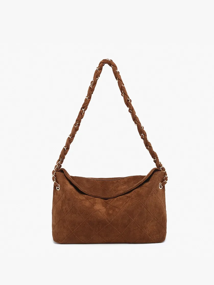 Dominique Faux Suede Quilted Shoulder Bag w/ Braided Chain, Color: Brown