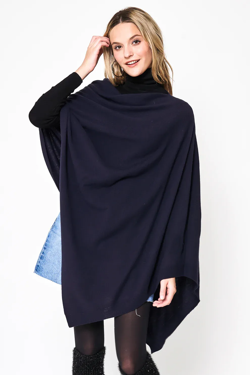 SCARF PONCHO, Color: BLACK