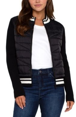 Long Sleeve Quilted Front Full Zip Sweater w/Stripe