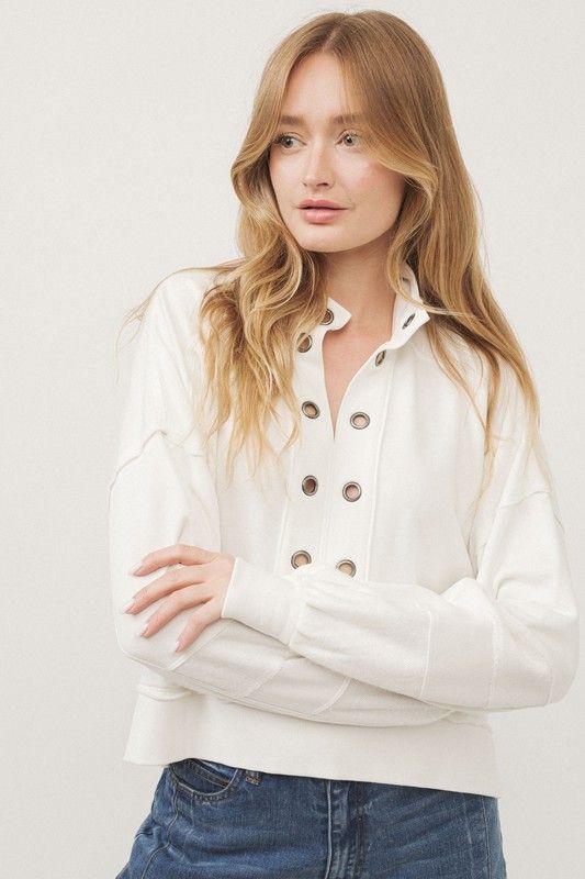 EYELET PLACKET HIGH NECK SWEATSHIRT
