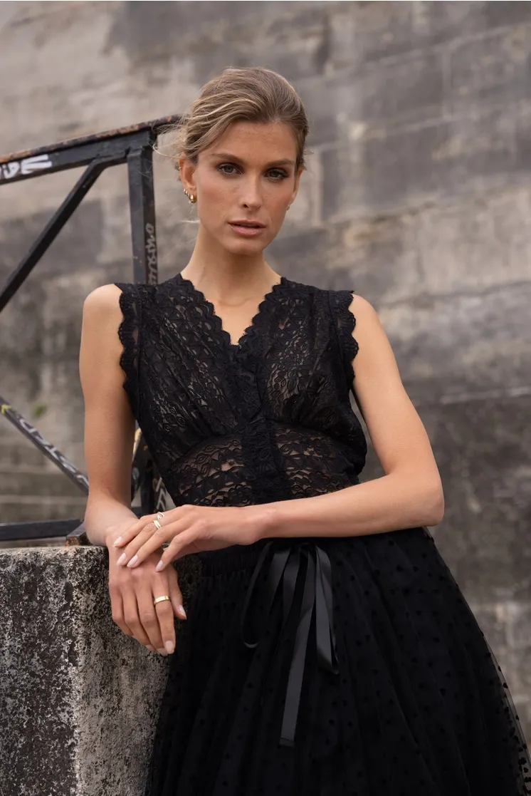Lace Stretch Top, Color: BLACK, Size: SMALL