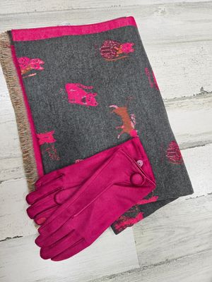 FUCHSIA CATS SCARF &amp; GLOVE SET