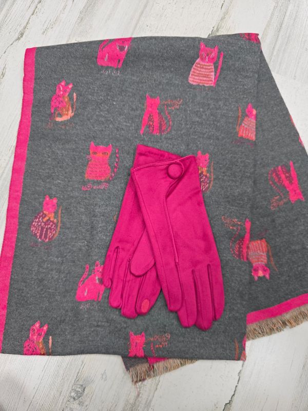 FUCHSIA CATS SCARF &amp; GLOVE SET