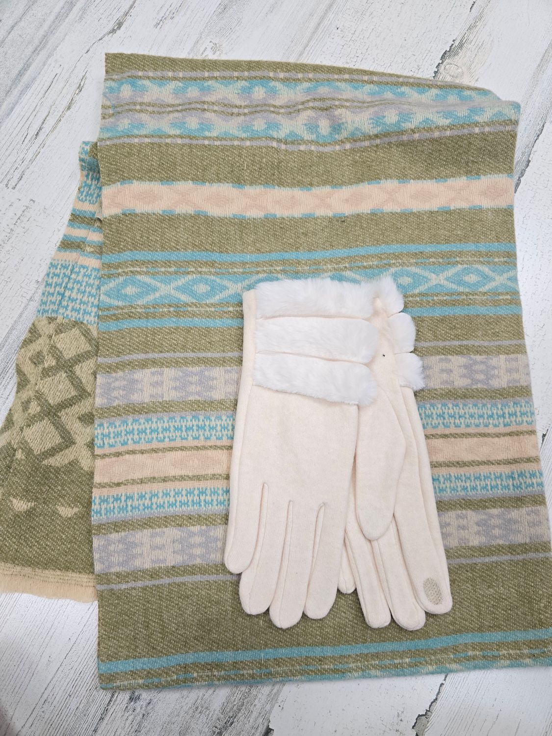 SAGE, AQUA &amp; BEIGE SCARF &amp; GLOVE SET