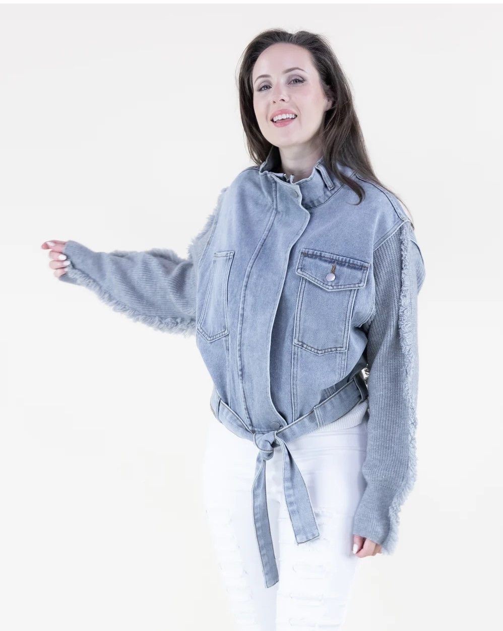 Knitted Sleeves Cropped Denim Jacket