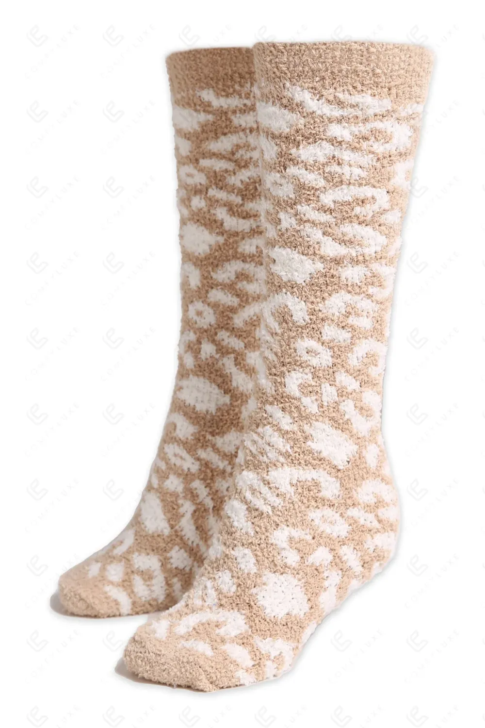 PLUSH LEOPARD KNEE-HIGH SOCKS, Color: TAN