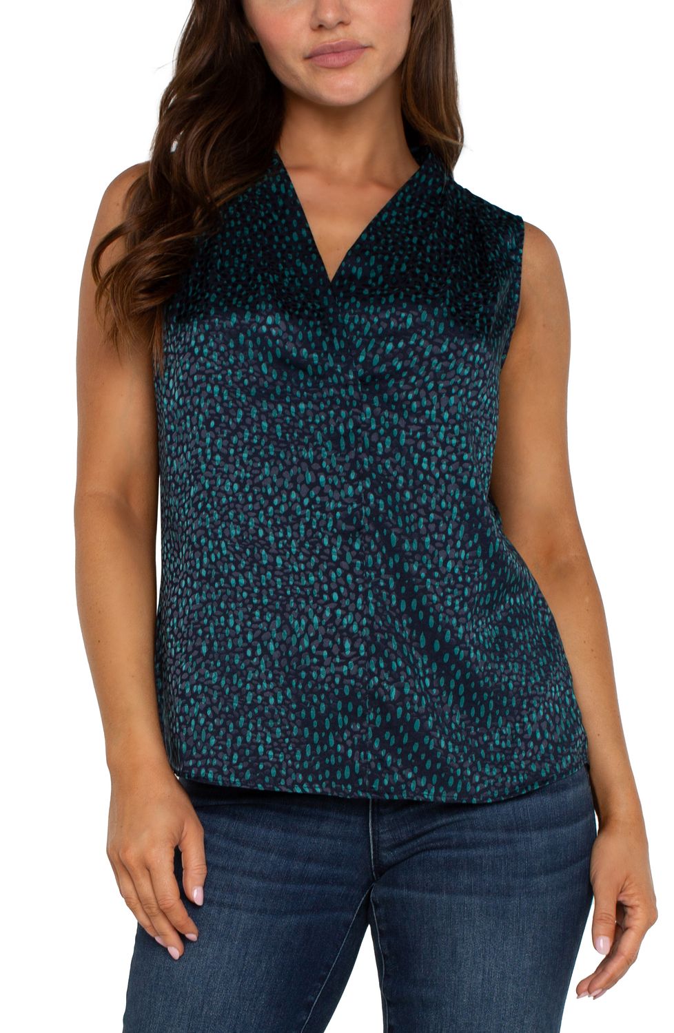 Sleeveless Pleated Neck Woven Blouse