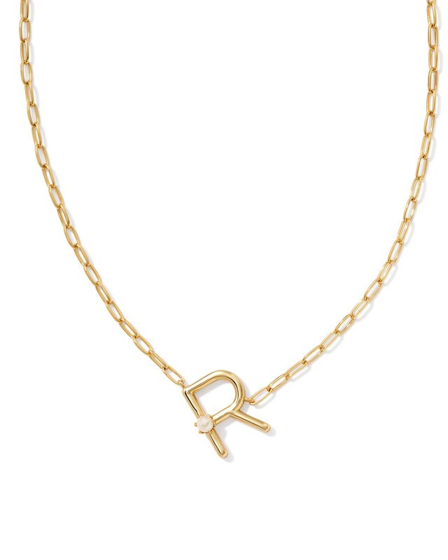 Pearl Letter R Short Pendant Necklace-Gold