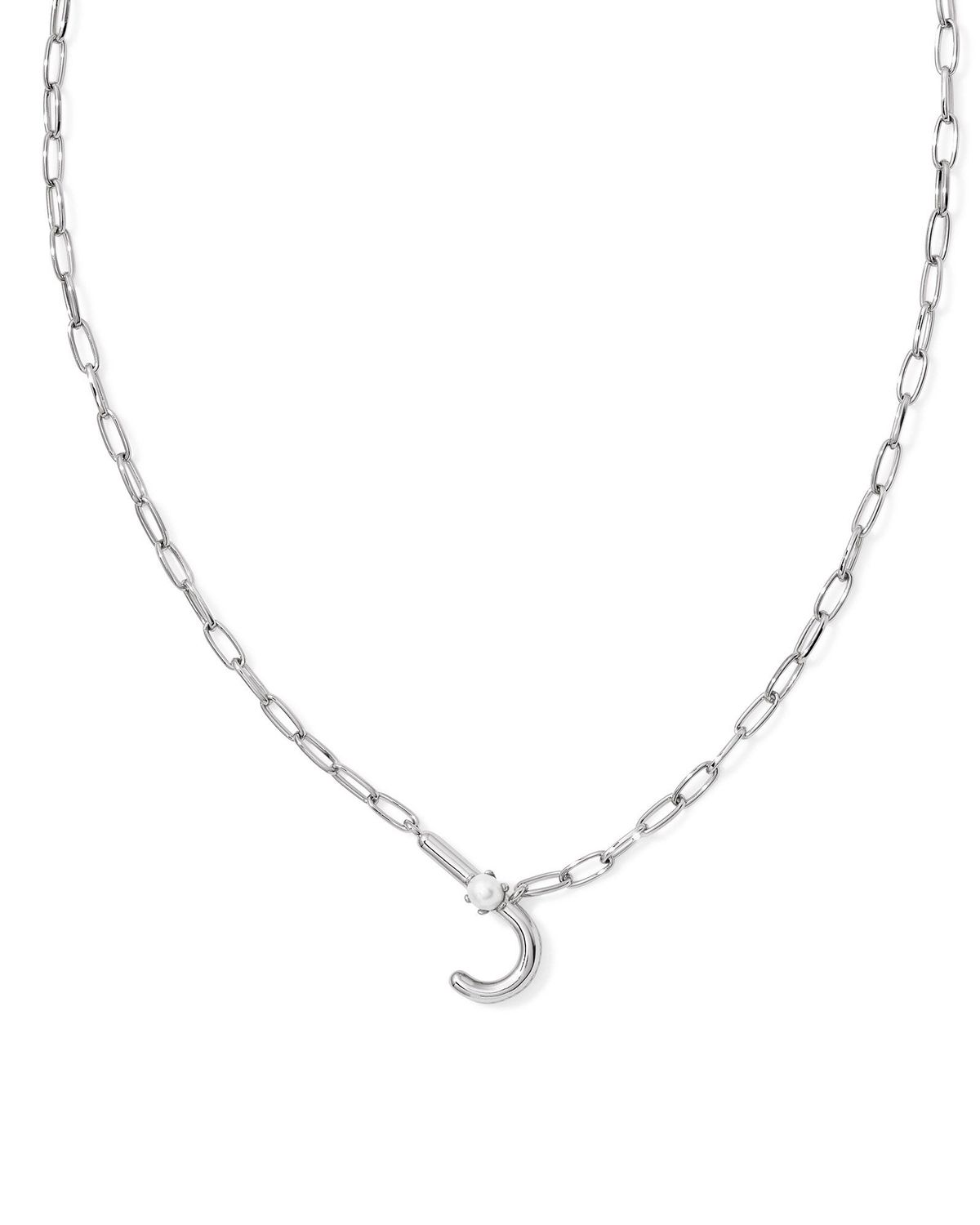 Pearl Letter J Short Pendant Necklace-Silver