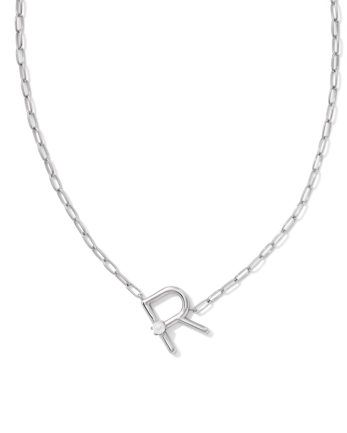 Pearl Letter R Short Pendant Necklace-Silver