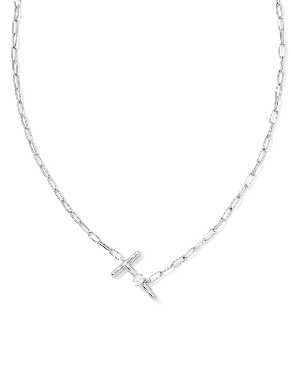 Pearl Letter T Short Pendant Necklace-Silver