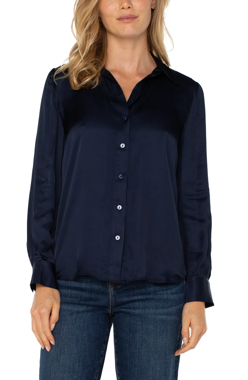 Long Sleeve Collared Button Front Woven Blouse