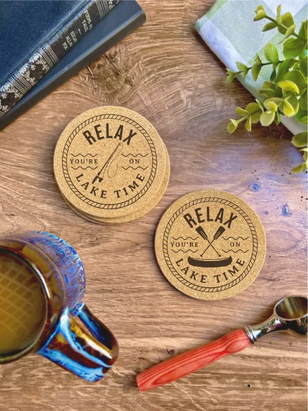 Relax You&#39;re on Lake Time Cork Coasters - Set of 4