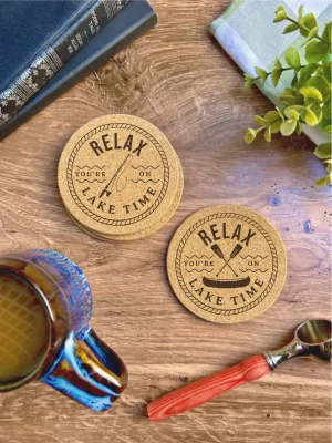 Relax You&#39;re on Lake Time Cork Coasters - Set of 4