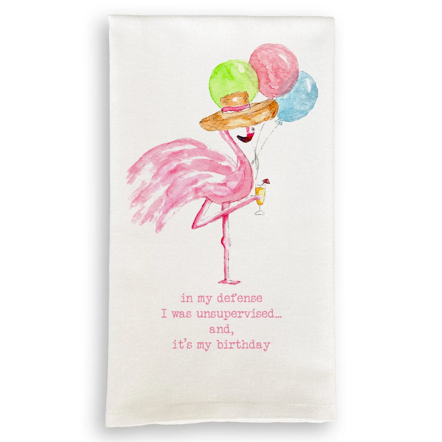 Flamingo with Cocktail and Happy Birthday Tea Towel