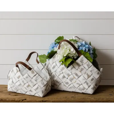 Basket - Whitewash Chipwood with Leather Handle