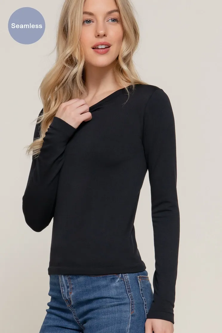 Long Sleeve Crew Neck Inner Fur Seamless Top, Color: BLACK, Size: SMALL/MEDIUM