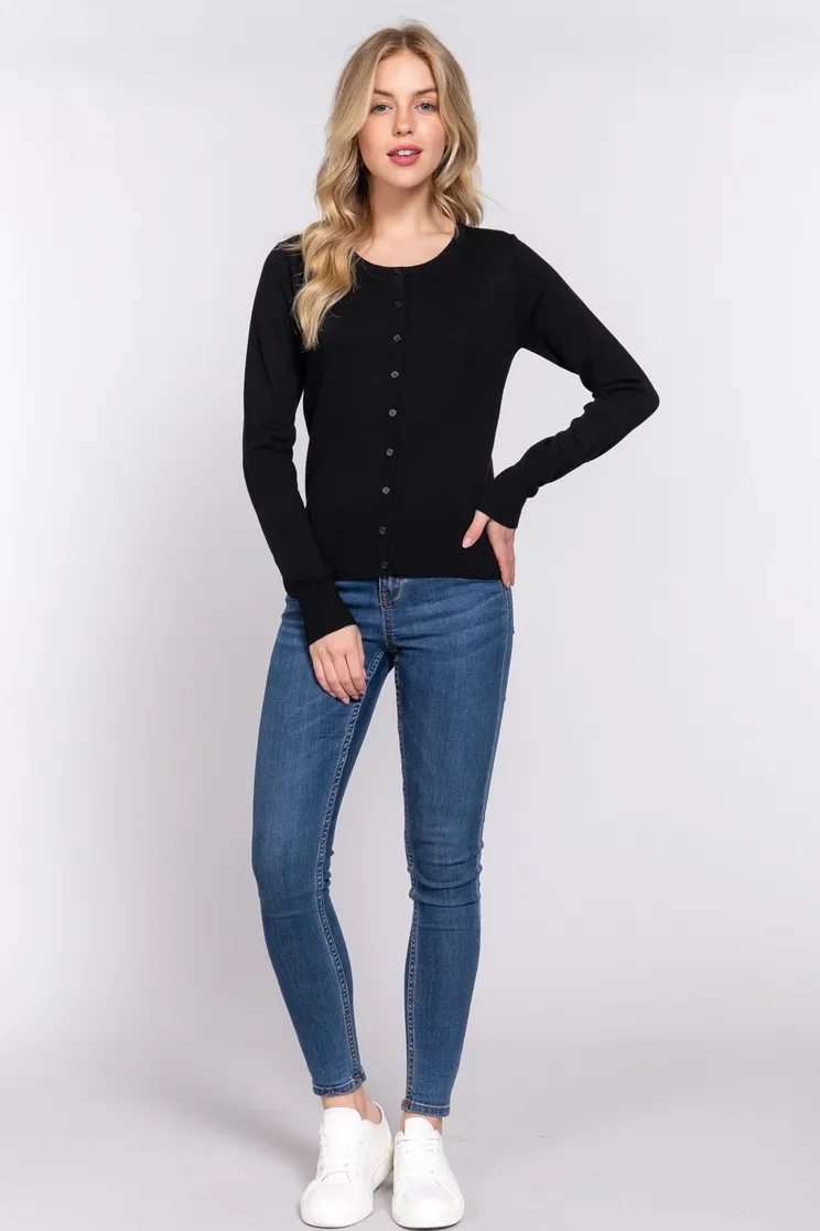 Long Sleeve Round Neck Button Down Sweater Cardigan, Color: BLACK, Size: LARGE
