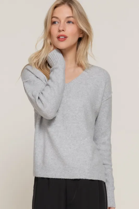 Long Sleeve V-Neck Raised Seam Detail Sweater