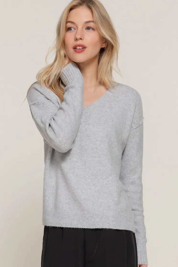 Long Sleeve V-Neck Raised Seam Detail Sweater, Color: H. GREY, Size: MEDIUM