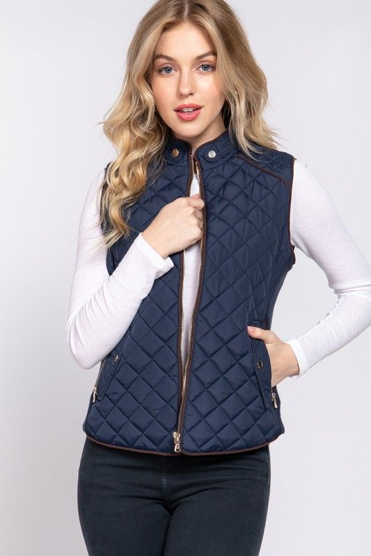 Suede Piping Quilted Padding Vest, Color: NAVY, Size: LARGE