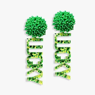Green &amp; Gold Glitter Acrylic Lucky Earrings