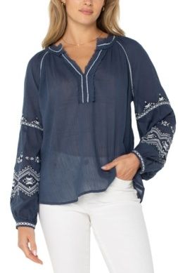 Long Sleeve Raglan Woven Blouse w/Embroidery