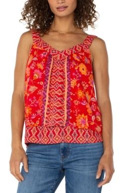 Sleeveless V-Neck Woven Tank w/Smocking