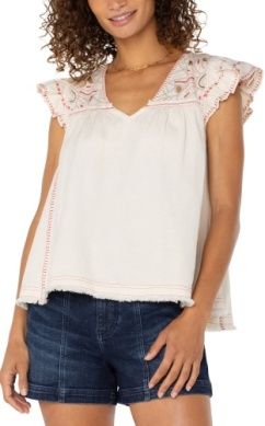 Flutter Sleeve V-Neck Woven Bouse w/Embroidery