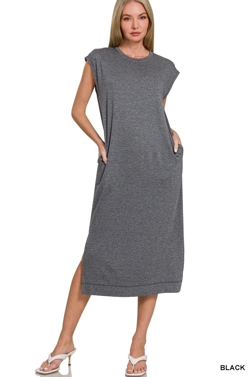 French Terry Midi Dress, Color: BLACK, Size: SMALL