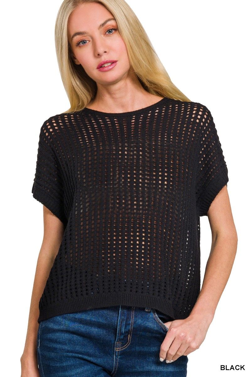 Crochet Knit Sweater, Color: BLACK, Size: SMALL