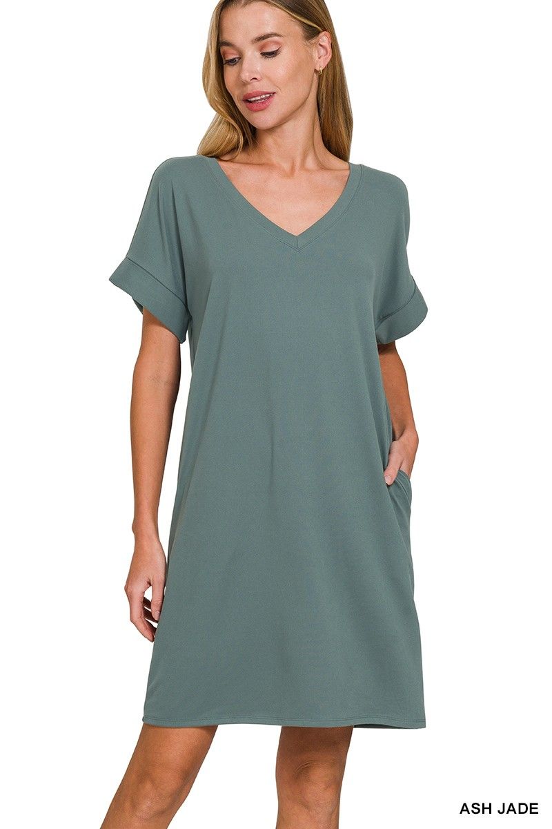 V-Neck Dress, Color: ASH JADE, Size: SMALL