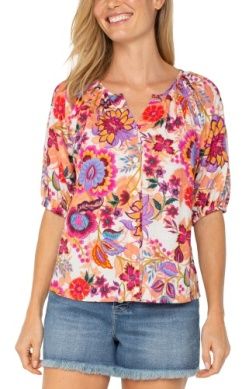 Short Sleeve Button Front Shirred Woven Blouse