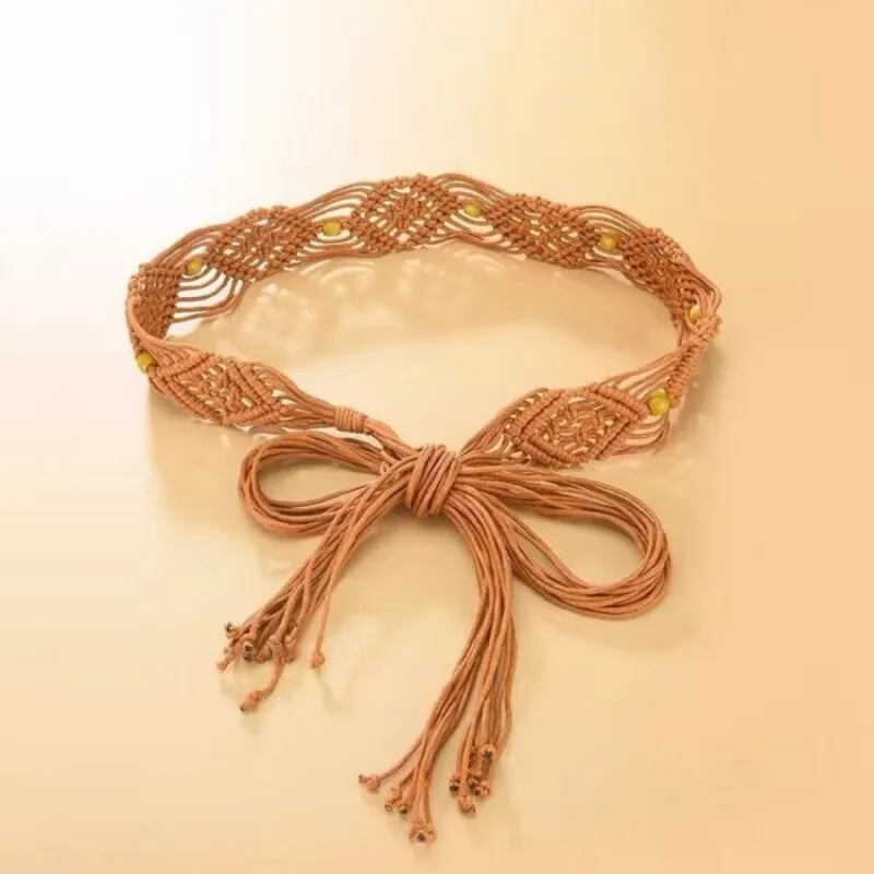 Beco -Brown Hollow Knitted Tassel Belt