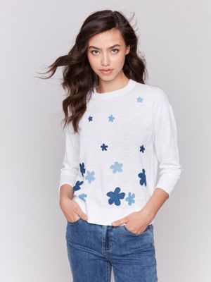 Border Print Denim Sweater