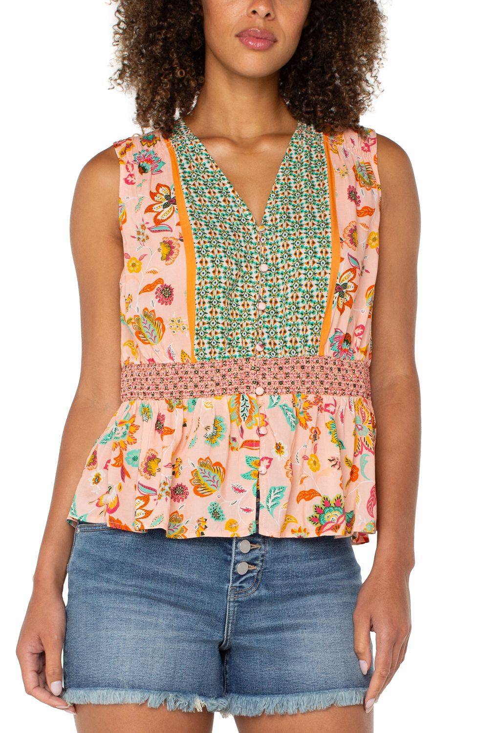 Sleeveless Woven Top w/Smocked Waist