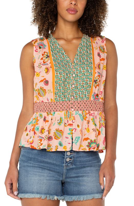 Sleeveless Woven Top w/Smocked Waist