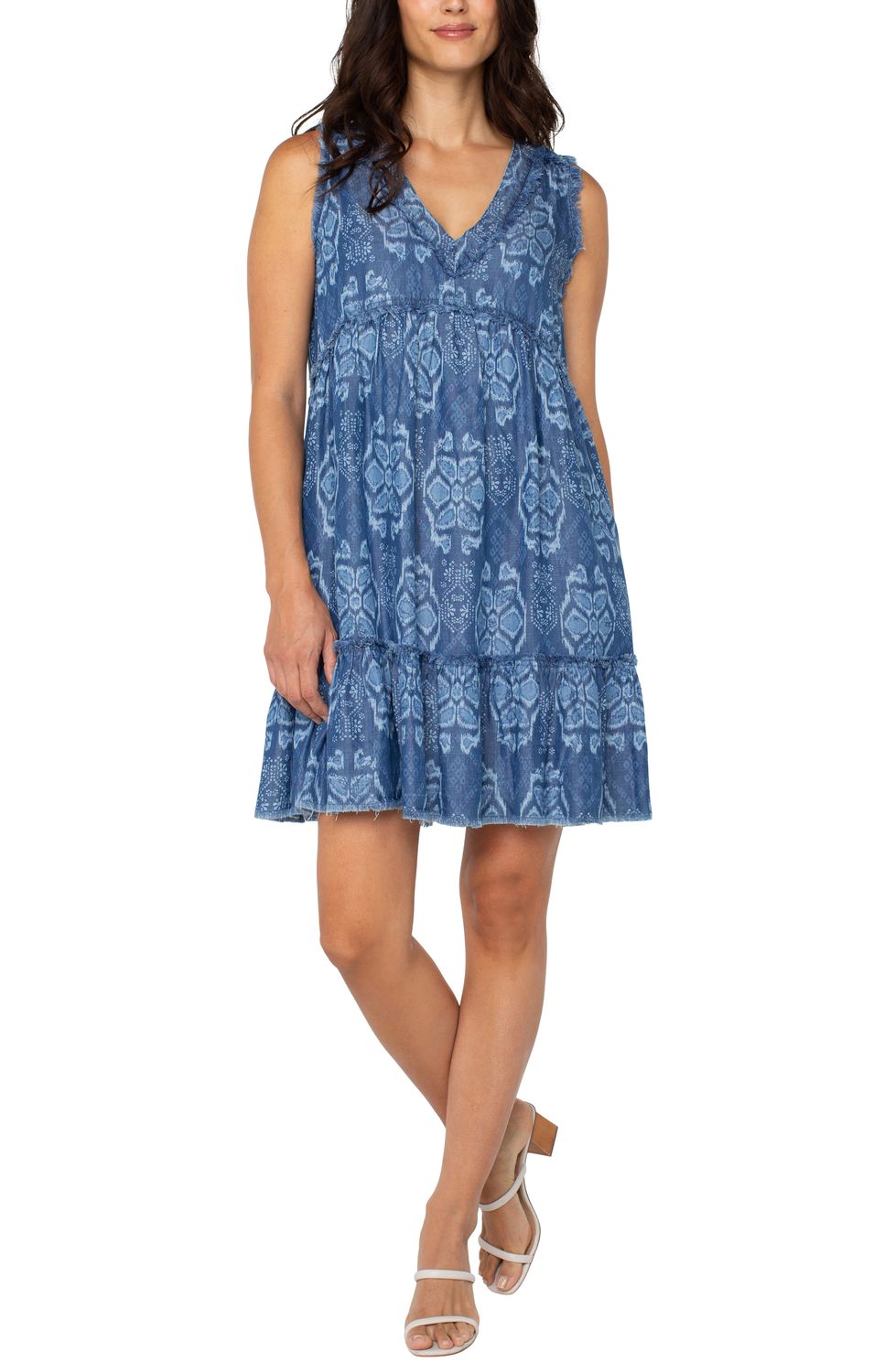 Easy V-neck Ruffle Fray Dress w/Pockets