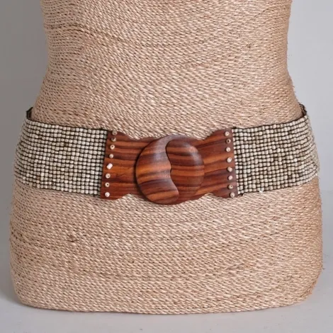 Bali Glass Bead Wood Hook Buckle Belt, Color: Cream