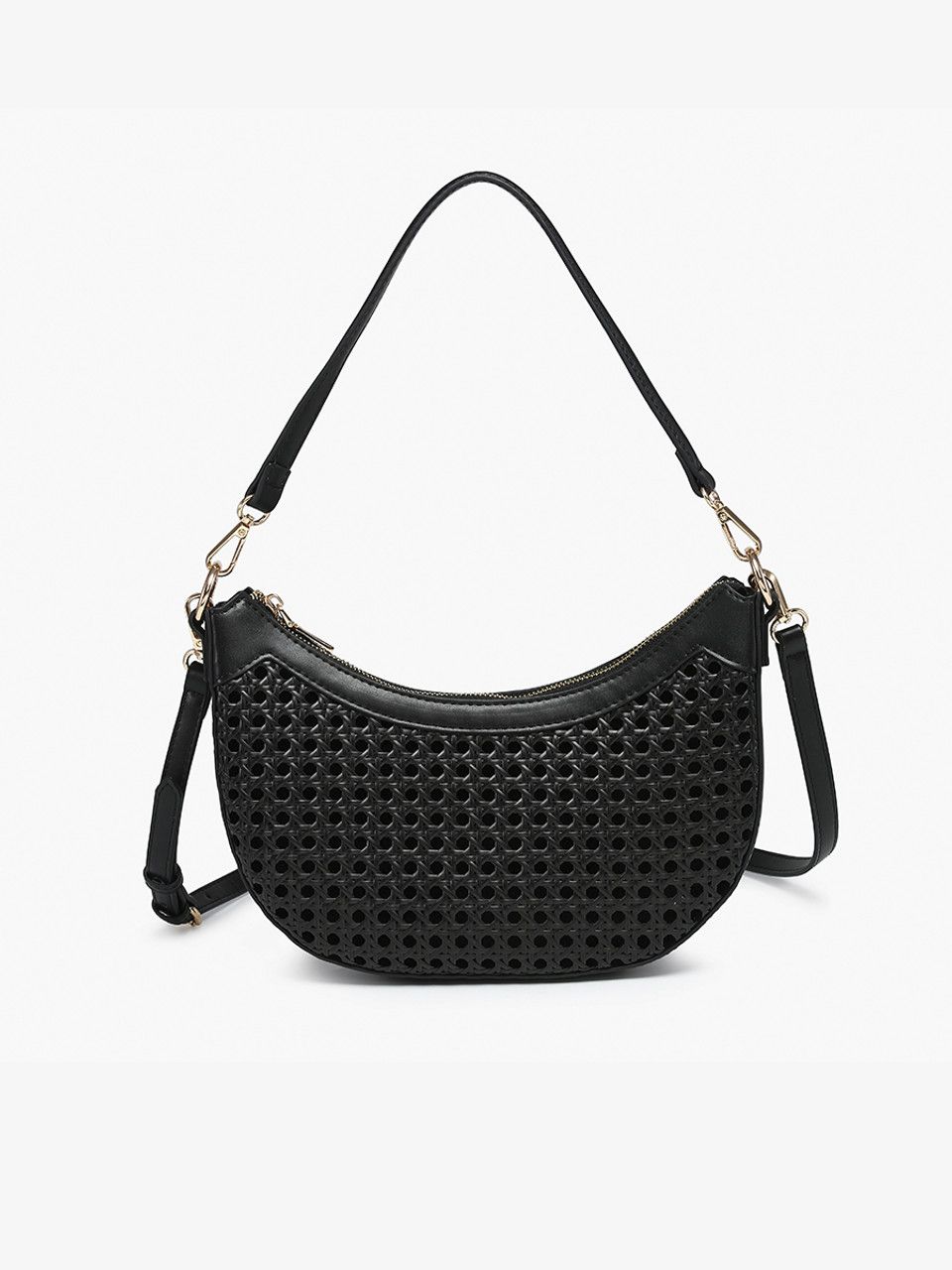 Daisy Half-Moon Rattan Crossbody-Black
