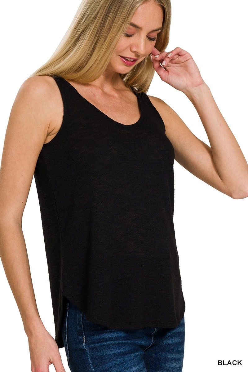 Double Scoop Slub Hacci Neck Tank Top, Color: Black, Size: Small
