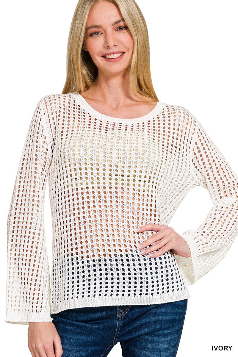 Hollow Out Long Sleeve Sweater, Size: SMALL, Color: IVORY