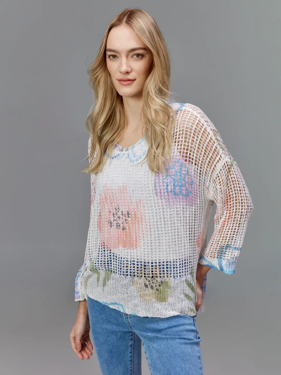 Printed Fishnet Crochet Sweater