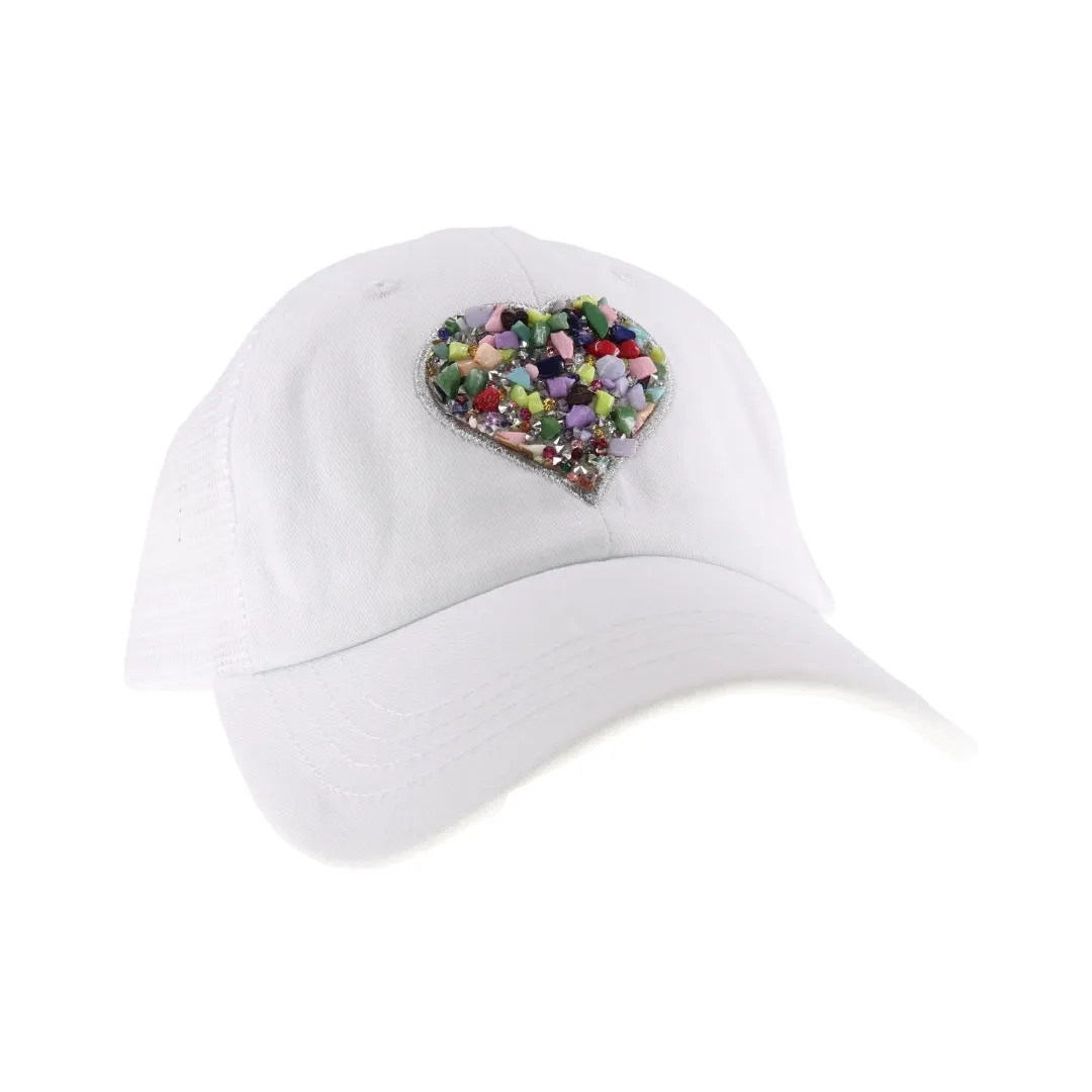 White Heart Stone Embellished Cap