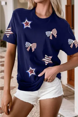 Sequin USA Flag Bow Star T Shirt