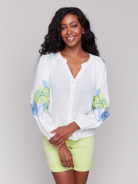Button-Front Blouse with Embroidery
