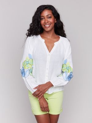 Button-Front Blouse with Embroidery