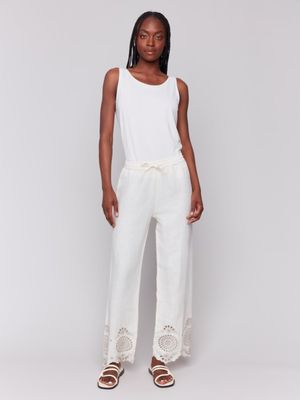 Linen Pants with Eyelet Embroidery